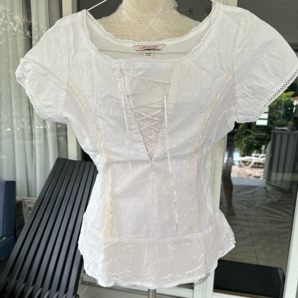 Aeropostale White Eyelet Lace-Up Blouse